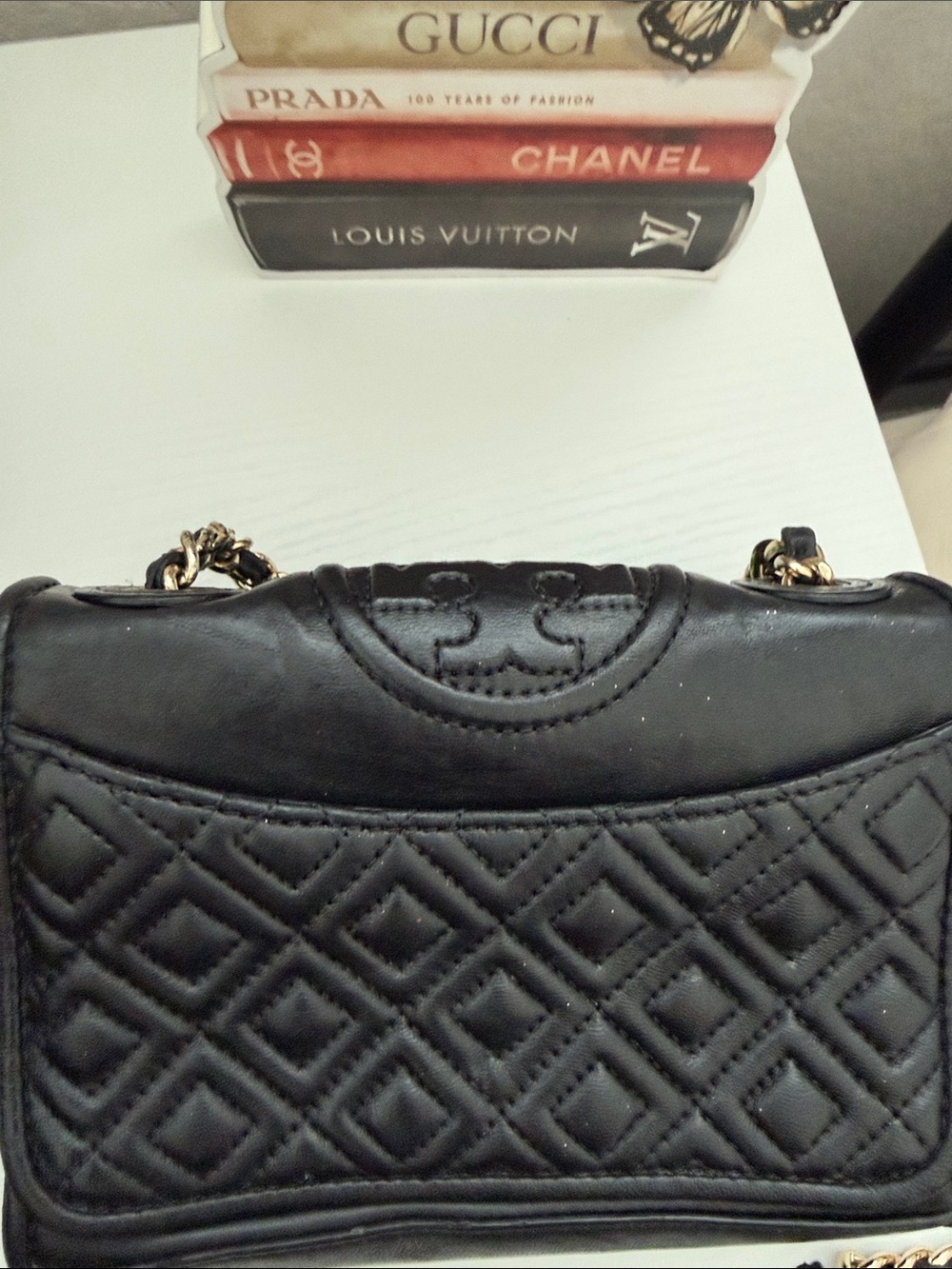 Tory Burch Black Quilted Mini Leather Shoulder Bag with Gold Chain